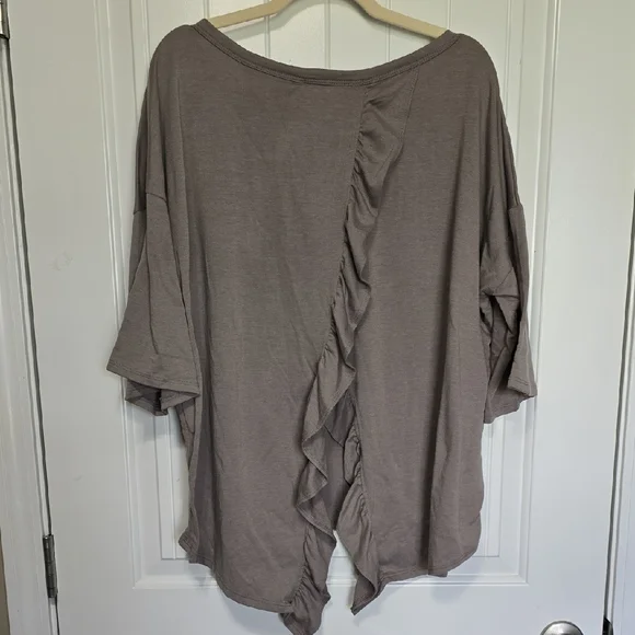 Three Bird Nest Taupe Ruffled Blouse - Picture 1 of 6
